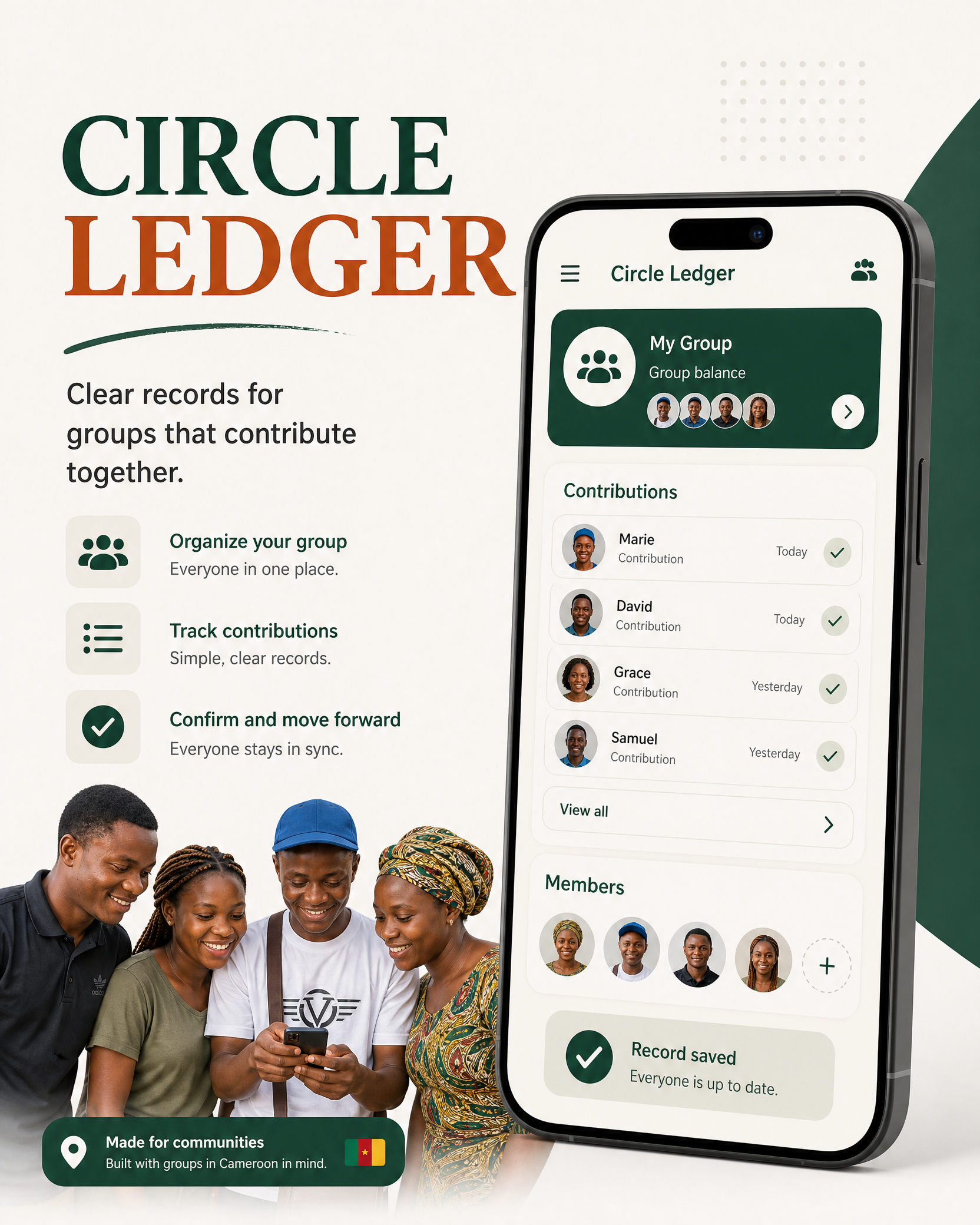 Circle Ledger promotional image showing a community using a shared contribution record on a phone